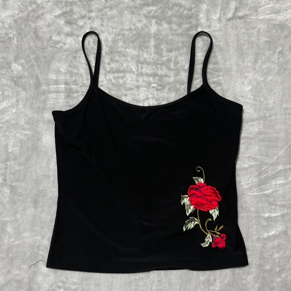 Eye Candy Womens Black Rose Embroidered Cami Tank Top Medium Made in USA